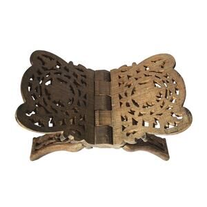 Vintage Hand Carved Foldable Cook Book Bible Wood Stand Fancy Ornate Leaf Design